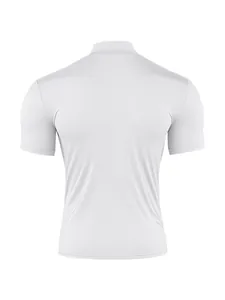 Back view of a men's white slim fit mock neck short sleeve T-shirt, summer style
