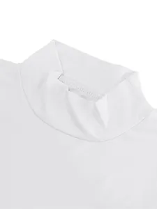 Close-up of a white mock neck t-shirt neckline showing smooth and stretchy fabric texture
