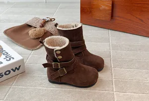 Retro brown suede girls winter Martin boots with plush fleece lining and buckles