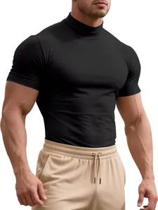 Close-up of men's slim fit black mock neck T-shirt showing elastic fabric texture.