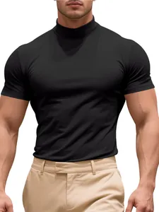Detailed view showing the texture and fit of a black men's slim mock neck short sleeve shirt