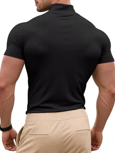 Back view of a men's slim fit black mock neck t-shirt with short sleeves