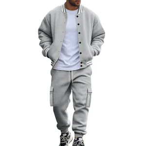 Casual men's grey varsity jacket and matching cargo sweatpants set with warm fleece lining