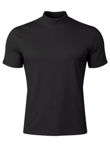 Detailed view of a slim-fit black mock-neck short-sleeved T-shirt for men