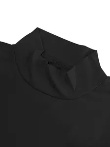 High-resolution detail view of the durable mock neck collar on a black slim-fit T-shirt