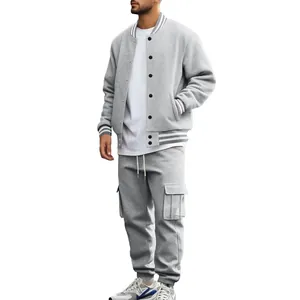 Men's grey fleece-lined varsity jacket and matching cargo sweatpants athletic two-piece set