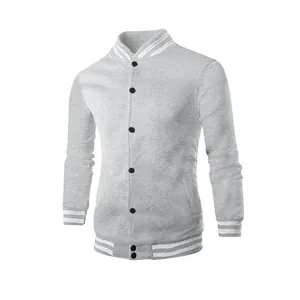 Front detailed view of a light grey American style baseball jacket with white striped trim