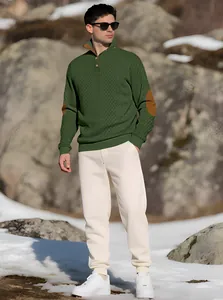 Men's dark green textured knit sweater with elbow patches and standing collar