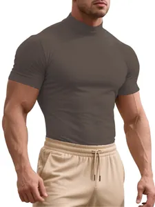 Close-up of men's slim fit mock neck short sleeve t-shirt in coffee brown color