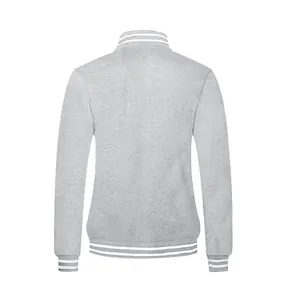 Back view of gray American style stand collar varsity jacket with white stripes