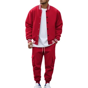 Mens red fleece varsity jacket and matching cargo pants set for stylish winter wear