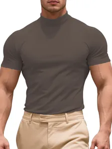Detail view of men's slim fit mock neck short sleeve t-shirt in brown stretch fabric