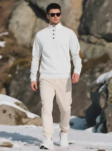 Detail shot of men's white textured stand collar pullover featuring brown elbow patches