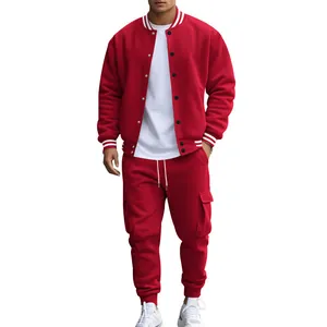 Men's red fleece varsity jacket and joggers set with white athletic stripes