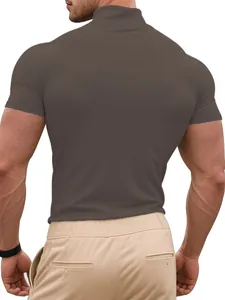 Detailed back view of a men's brown slim fit stretch mock neck short sleeve T-shirt