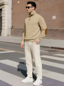 Men's casual beige stand collar knit sweater with brown elbow patches urban street