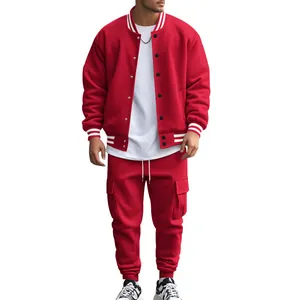Men's red American style varsity jacket and matching jogger pants set with white stripes