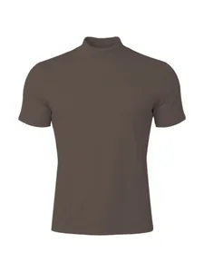 Front view detail of a men's slim fit mock neck short sleeve T-shirt in dark brown.