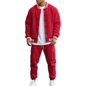 Full body view of men's red varsity jacket and matching cargo joggers sports suit