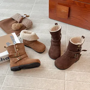 Vintage Maillard style girls' fleece-lined foldable mid-calf boots in brown and tan.