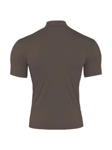 Back view of men's slim-fit mock neck short sleeve T-shirt in solid brown color