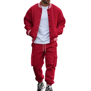 Men's athletic two-piece set featuring red varsity jacket and cargo pants on model.