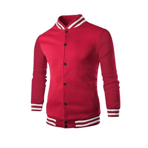 Front view of a red American style baseball jacket with white striped ribbing detail