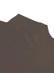 Detail view of a brown mock neck men's stretch slim-fit casual t-shirt showing stitching.