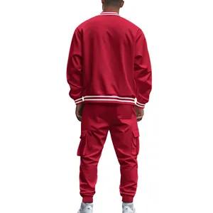 Detailed back view of men's red varsity jacket and cargo pants set with white stripes