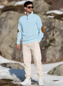 Men's light blue stand collar long sleeve knit sweater with textured jacquard pattern
