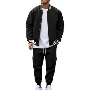 Men's black American style varsity jacket and cargo sweatpants fleece tracksuit set detail.