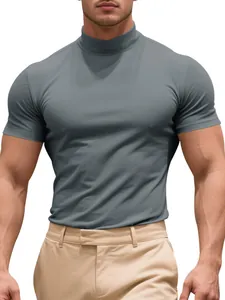 Close-up view of a grey stretch slim-fit mock neck short-sleeve T-shirt for men