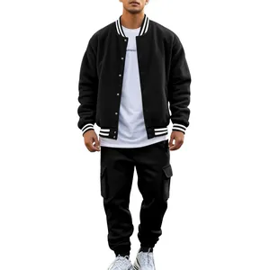 Men's black varsity jacket and cargo pants sports suit with white striped details