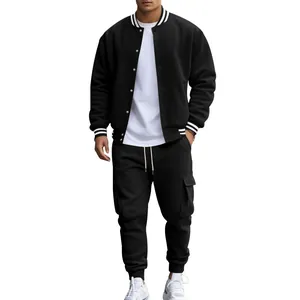 Detailed view of men's black American style varsity jacket and matching cargo pants set.