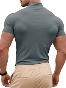 Rear view of a men's slim fit mock neck grey t-shirt highlighting the stretch fabric fit