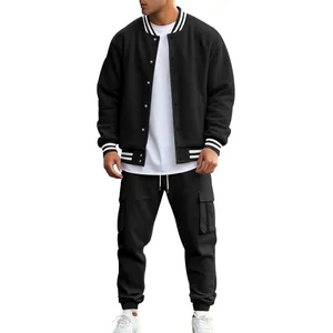Full body view of men's black varsity jacket and matching cargo pants two-piece tracksuit set