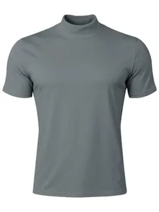Close-up of men's grey slim-fit mock neck short-sleeve T-shirt in stretch fabric.