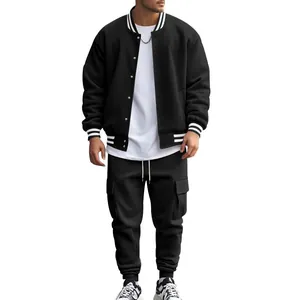 Detail view of men's black fleece baseball jacket and matching cargo joggers set
