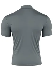 Back view of men's slim fit mock neck short sleeve T-shirt in solid grey stretch fabric
