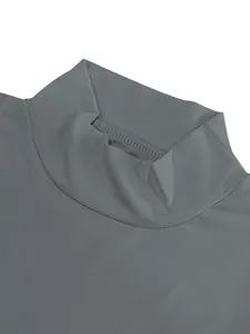 High-quality close-up detail showing the grey men's slim stretch mock neck t-shirt collar