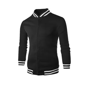 Detailed view of a black American style varsity jacket with white striped collar and cuffs.