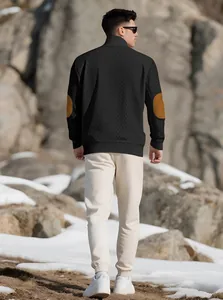 Back view of men's black stand-collar sweatshirt with jacquard texture and elbow patches.