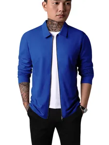 Veste homme slim en maille gaufrée bleu roi avec fermeture éclair et col à revers chic.