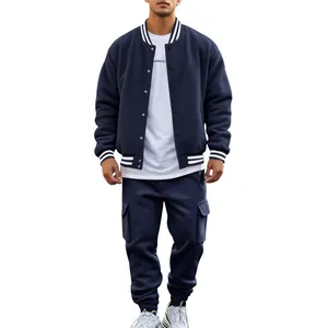 Men's navy blue fleece baseball jacket and cargo jogger pants casual tracksuit set