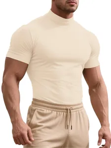 Detailed view of men's slim fit stretch mock neck short sleeve T-shirt in cream color