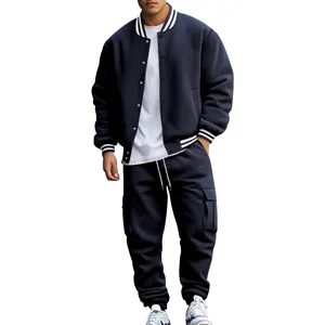 Premium men's navy blue baseball jacket and matching cargo pants sports set with fleece lining