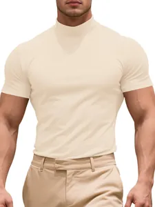 Detail of beige slim fit mock neck short sleeve T-shirt featuring high stretch fabric