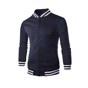 Close-up of a navy blue men's varsity jacket with white striped ribbing details