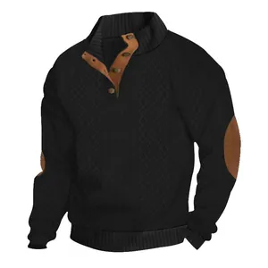 Black men's jacquard knit sweater featuring buttoned stand collar and elbow patches