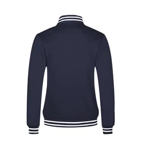 Back view of a classic navy blue American style stand collar baseball jacket for men